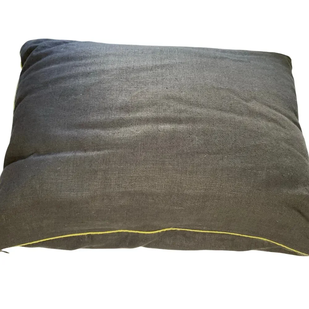 Vintage Black linen Pillow‎ Green Embroidered Warriors, Green Trim. Folk Art
